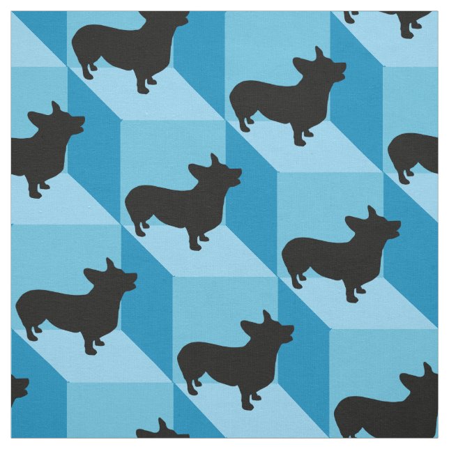 Corgi on Blue Cubes Fabric (Swatch)