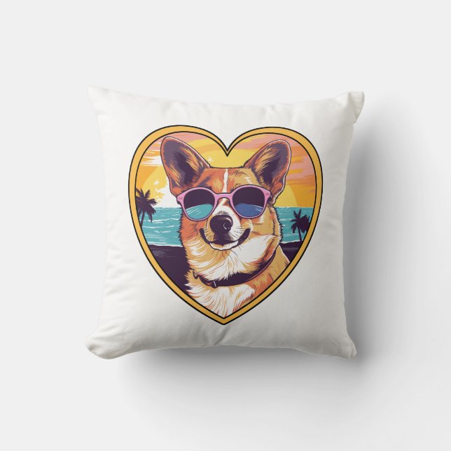 Corgi on the Beach Throw Pillow (Front)