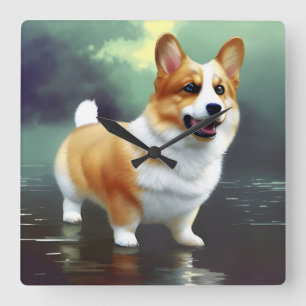 Corgi on water square wall clock