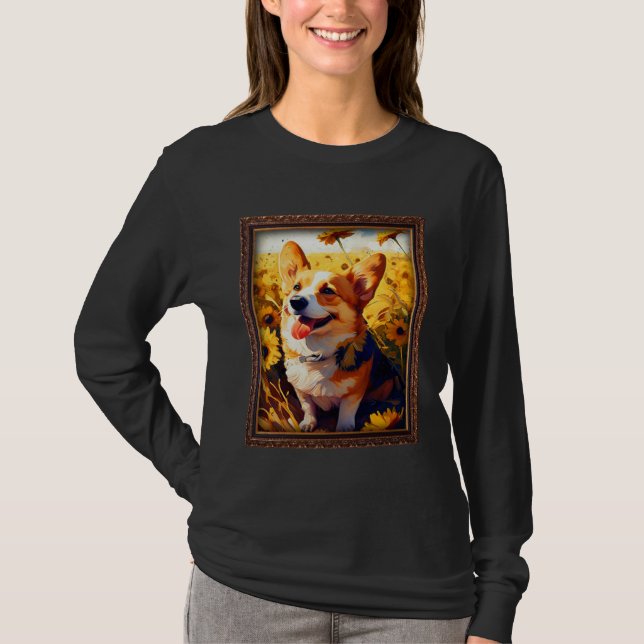 Corgi Painting Sunflower Flower Mom Women Floral   T-Shirt (Front)