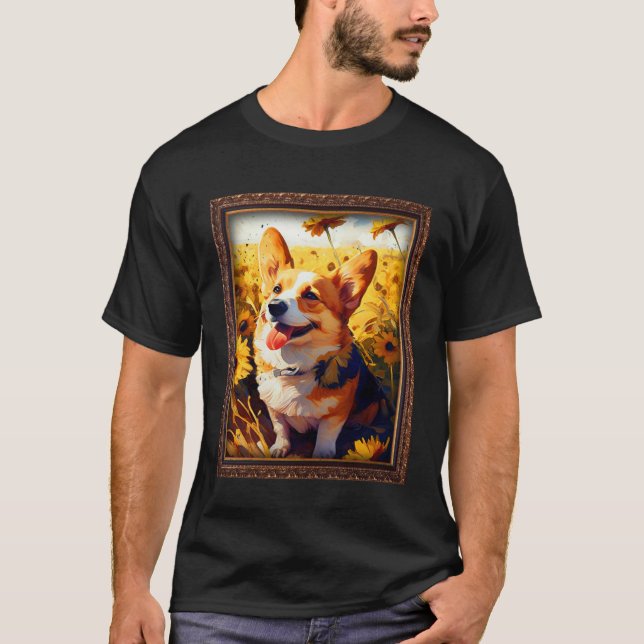 Corgi Painting Sunflower Flower Mom Women Floral   T-Shirt (Front)