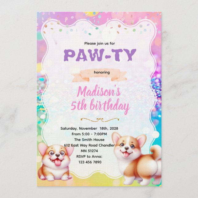 Corgi party theme invitation (Front)