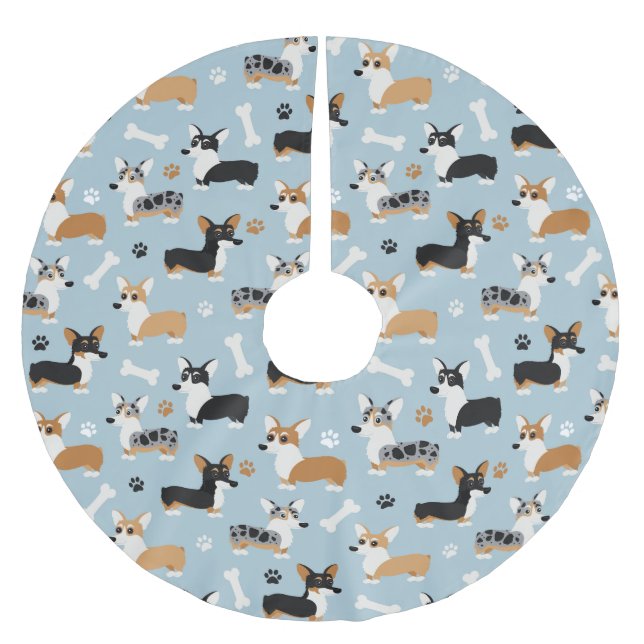 Corgi Pattern Blue Brushed Polyester Tree Skirt (Front)