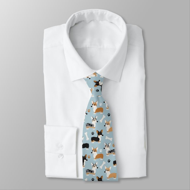 Corgi Pattern Blue Neck Tie (Tied)