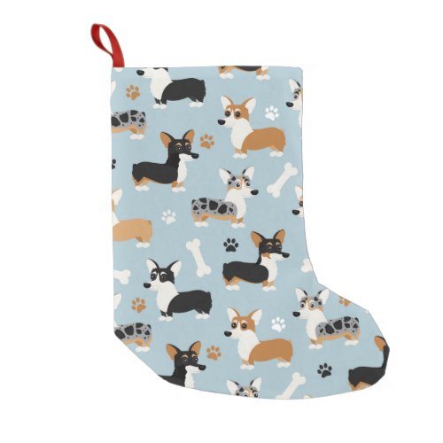 Corgi Pattern Blue Small Christmas Stocking