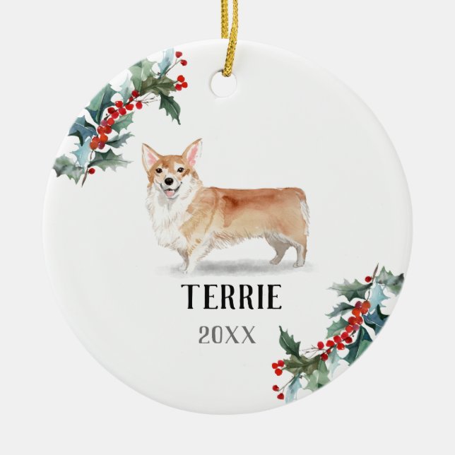 Corgi Personalized Christmas Dog Ceramic Ornament (Front)
