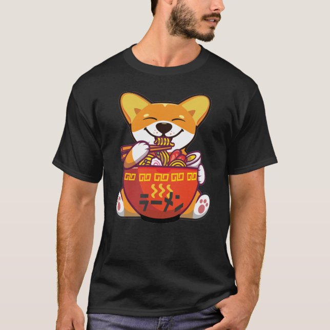 CORGI POWERED BY RAMEN | Kawaii Corgi Eating Ramen T-Shirt (Front)