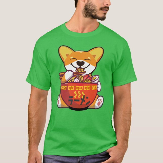 CORGI POWERED BY RAMEN | Kawaii Corgi Eating Ramen T-Shirt (Front)