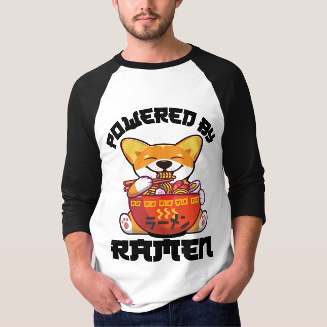 CORGI POWERED BY RAMEN | Kawaii Corgi Eating Ramen T-Shirt (Front)