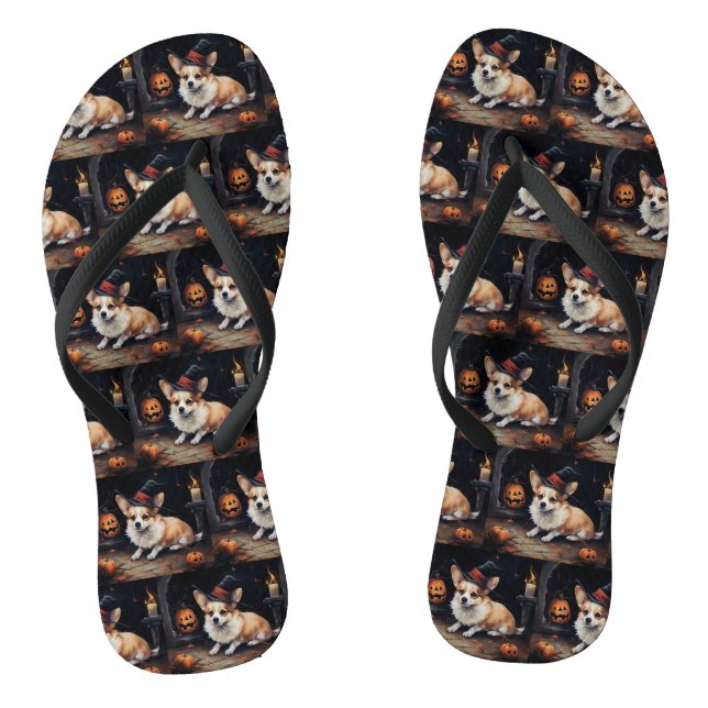 Corgi Pumpkins Halloween Scary Flip Flops (Footbed)