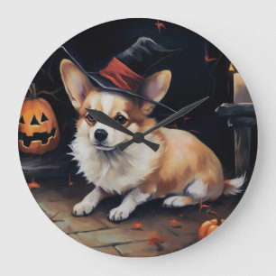Corgi Pumpkins Halloween Scary Large Clock