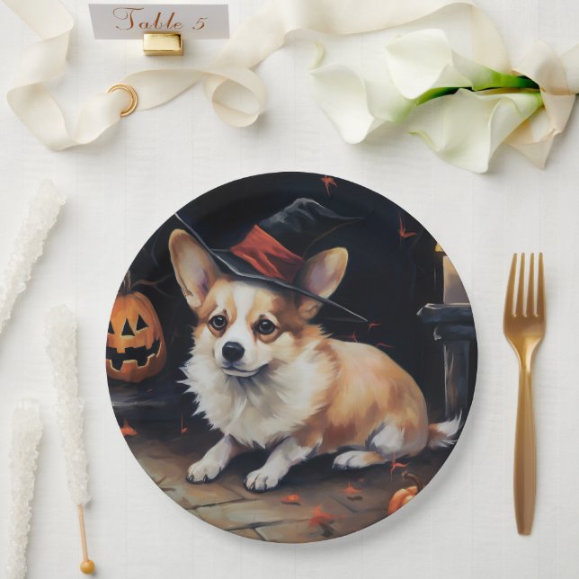 Corgi Pumpkins Halloween Scary Paper Plates (Wedding)