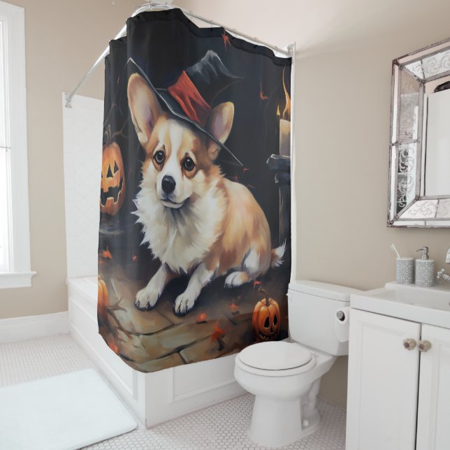 Corgi Pumpkins Halloween Scary Shower Curtain (In Situ)