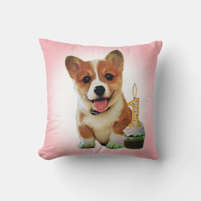 Corgi puppy and first birthday cupcake throw pillow (Front)