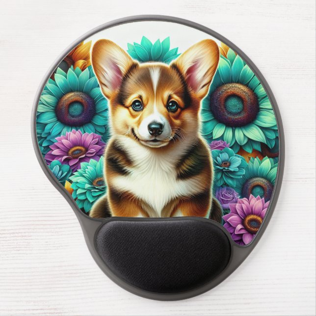 Corgi Puppy and Flowers Gel Mouse Pad (Front)