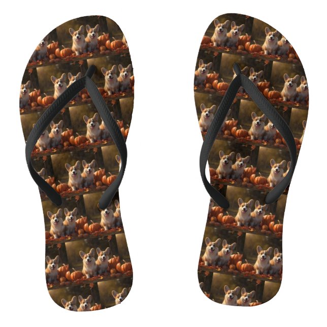 Corgi  Puppy Autumn Delight Pumpkin  Flip Flops (Footbed)