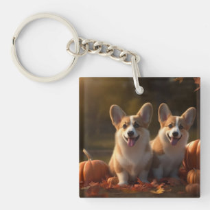 Corgi Puppy Autumn Delight Pumpkin Keychain