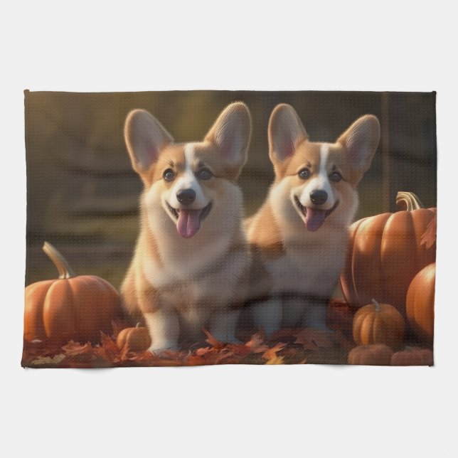 Corgi  Puppy Autumn Delight Pumpkin  Kitchen Towel (Horizontal)