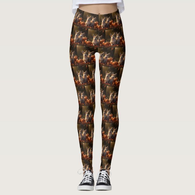 Corgi  Puppy Autumn Delight Pumpkin  Leggings (Front)