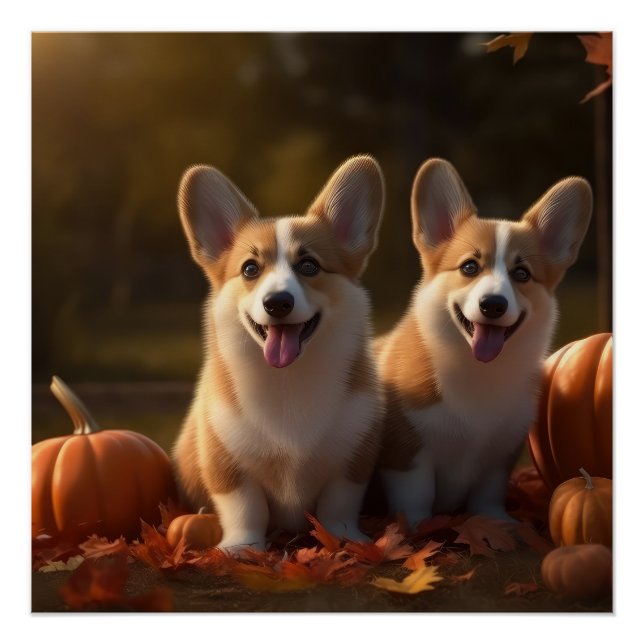 Corgi  Puppy Autumn Delight Pumpkin  Poster (Front)
