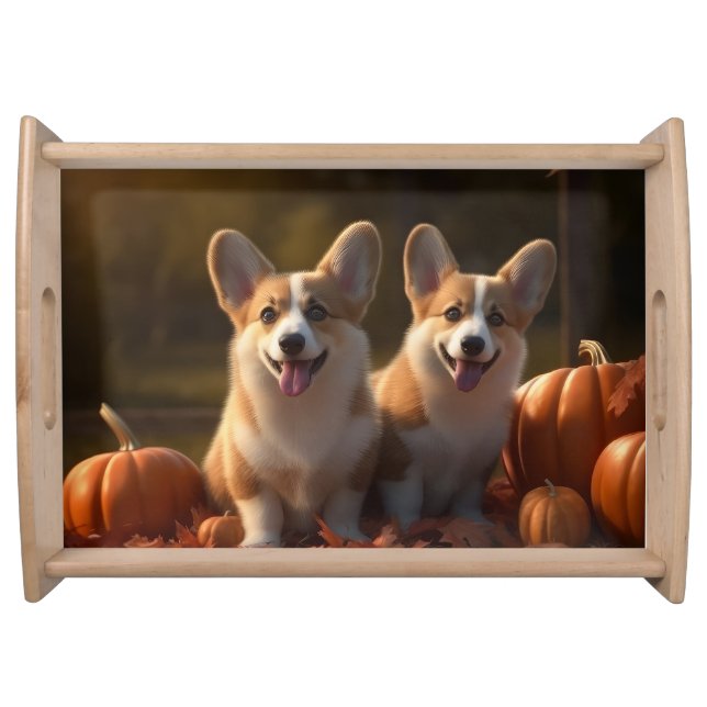 Corgi  Puppy Autumn Delight Pumpkin  Serving Tray (Front)