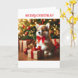 Corgi puppy by the Christmas tree. Card