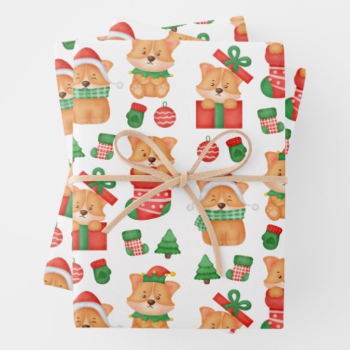 Corgi Puppy Dog Cute Festive Elf Santa Christmas Wrapping Paper Sheets
