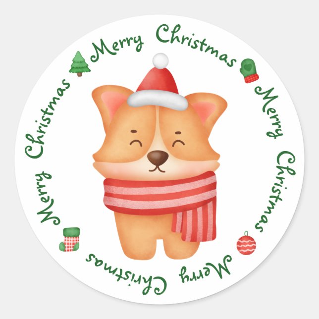 Corgi Puppy Dog Cute Festive Santa Merry Christmas Classic Round Sticker (Front)