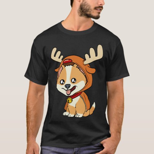 Corgi puppy dog dressed as reindeer dogs Xmas T_Shirt