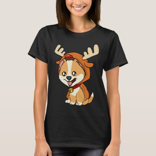 Corgi puppy dog dressed as reindeer dogs Xmas T_Shirt