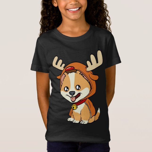 Corgi puppy dog dressed as reindeer dogs Xmas T-Shirt (Front)