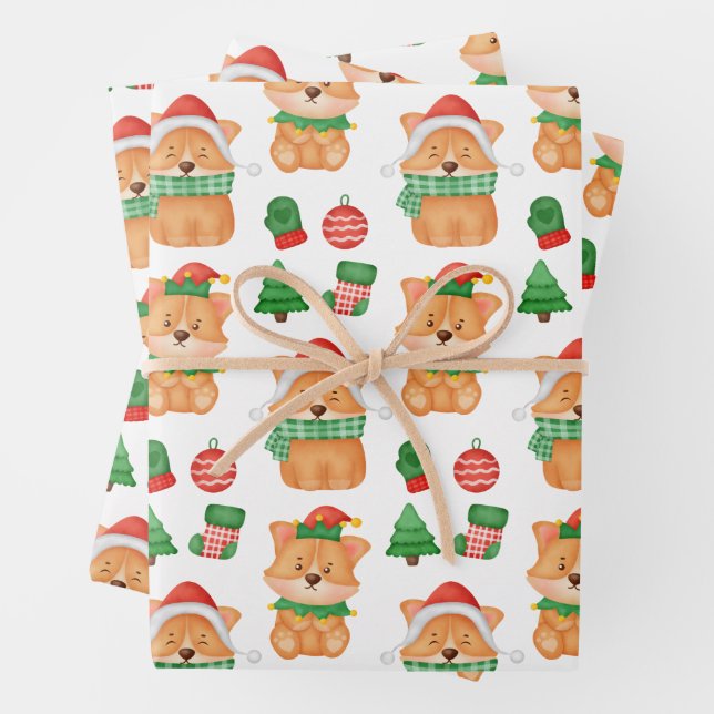 Corgi Puppy Dog Elf Santa Festive Merry Christmas  Wrapping Paper Sheets (In situ)