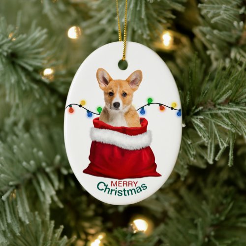 Corgi Puppy Dog in Holiday Gift Bag  Ceramic Ornament
