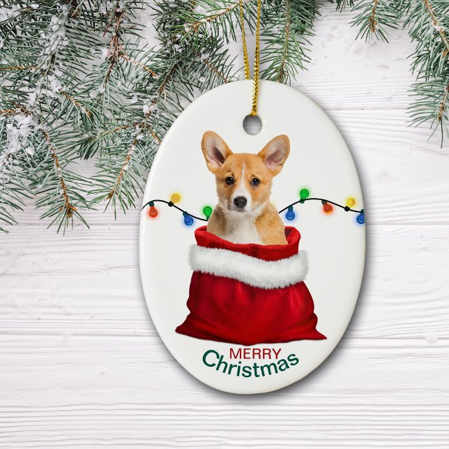 Corgi Puppy Dog in Holiday Gift Bag  Ceramic Ornament (Creator Uploaded)