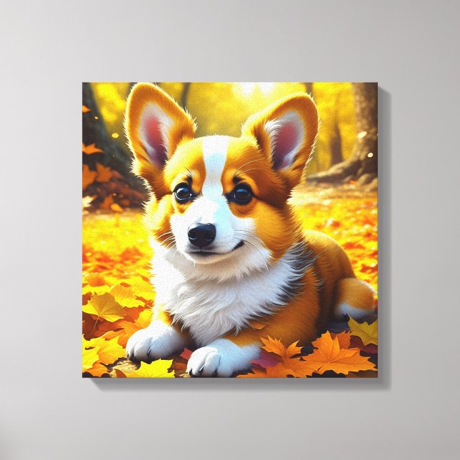 Corgi Puppy Dog Playing in Fall Leaves Canvas Print (Front)