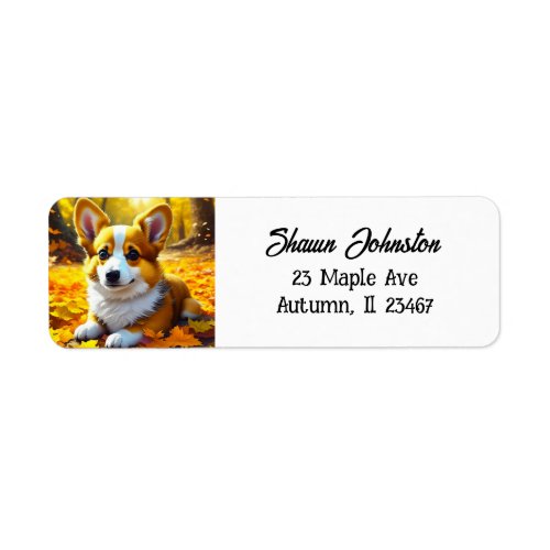 Corgi Puppy Dog Playing in Fall Leaves Label