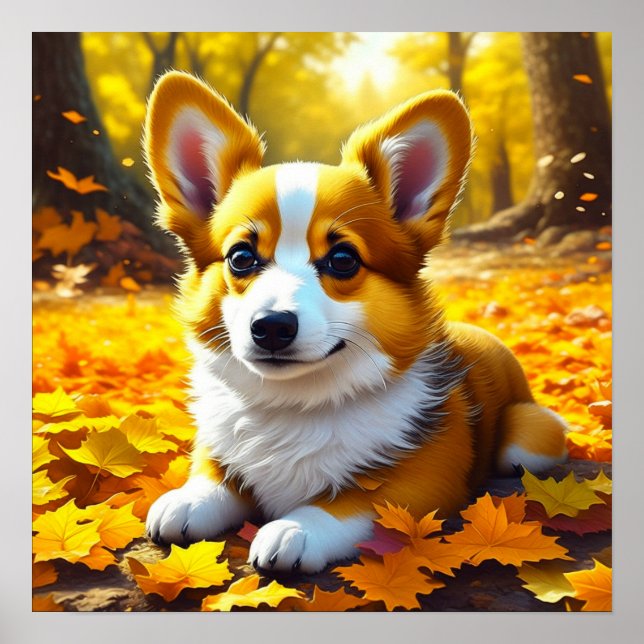 Corgi Puppy Dog Playing in Fall Leaves Poster (Front)