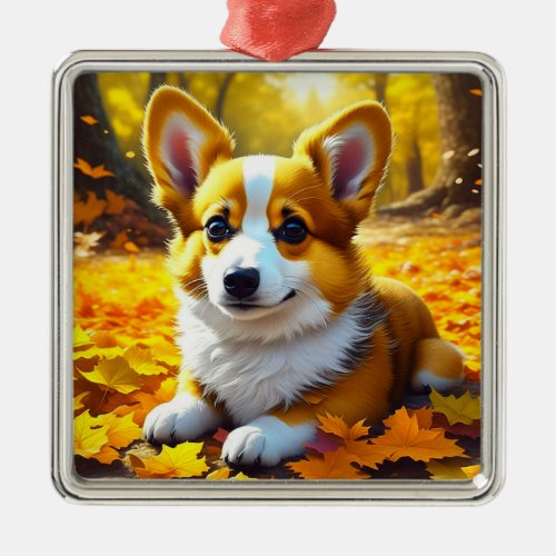 Corgi Puppy Dog Playing in the Autumn Leaves Metal Ornament