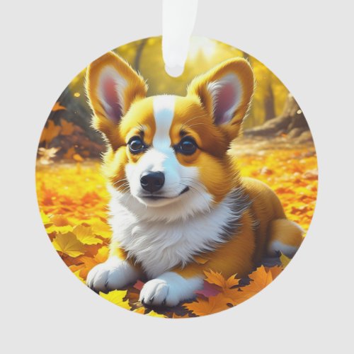 Corgi Puppy Dog Playing in the Autumn Leaves Ornament