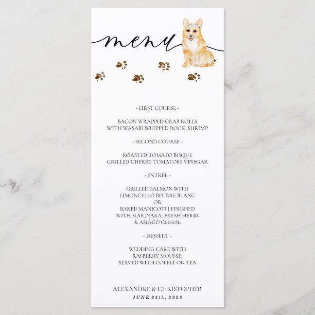 Corgi puppy Dog Wedding Party Menu