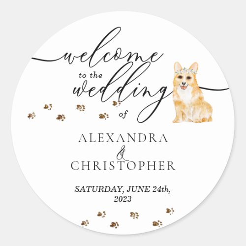 Corgi puppy Dog Wedding Welcome Classic Round Sticker