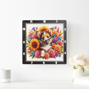 Corgi Puppy Floral Garden Square Wall Clock