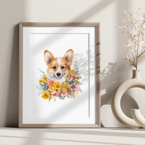 Corgi  Puppy Funny Pet Watercolor Flower Poster