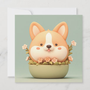 Corgi Puppy in Cute 3D Clay Floral Bowl Postcard