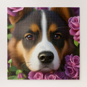 Corgi Puppy in purple roses Jigsaw Puzzle