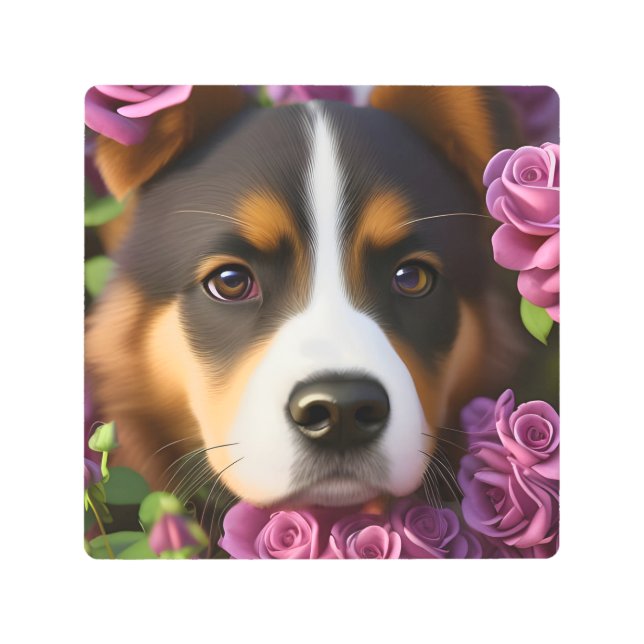 Corgi Puppy in purple roses  Metal Print (Front)