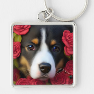 Corgi Puppy in red roses Keychain