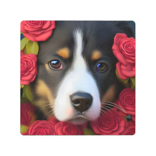 Corgi Puppy in red roses Metal Print