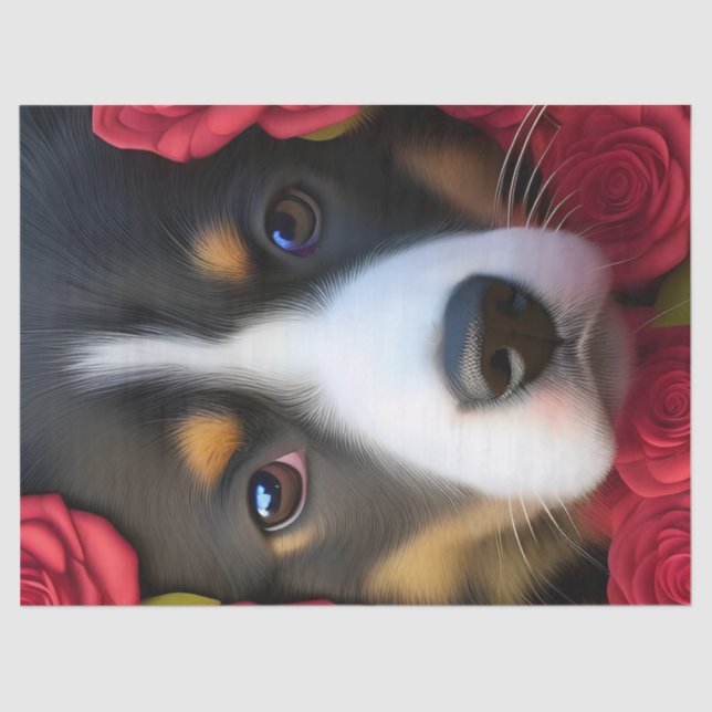 Corgi Puppy in red roses Tissue Paper (Front)