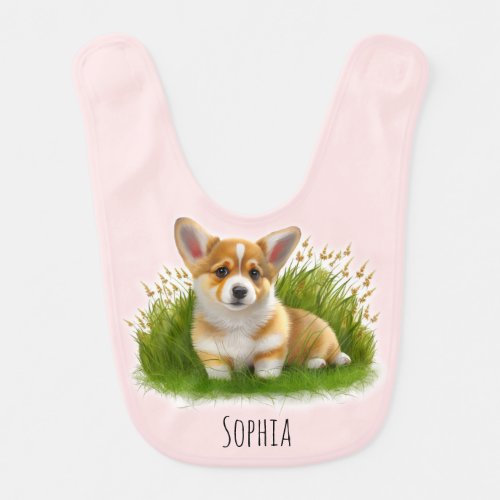 Corgi puppy on the grass  Cute little GIRL Baby Bib